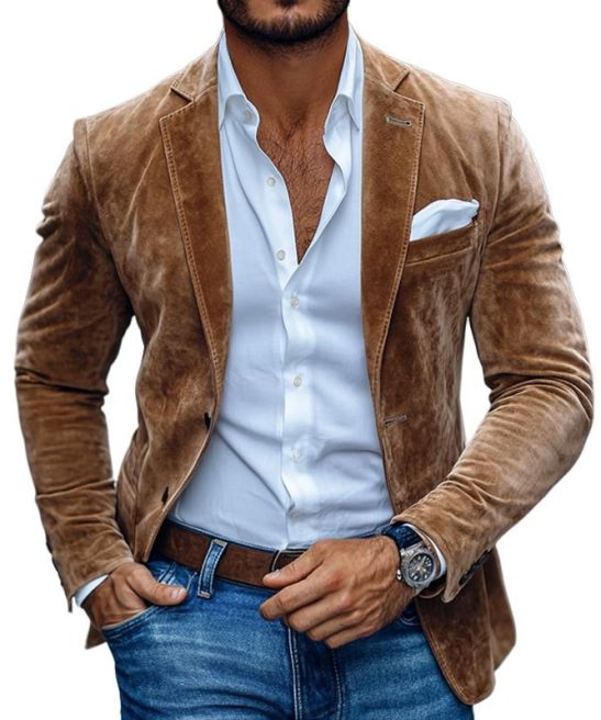 Men's Fashion Solid Suede Notch Lapel Two Buttons Casual Blazer