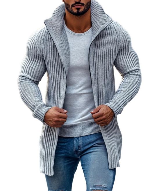 Men's Fashion Stand Collar Solid Striped Long Sleeve Mid-length Knit Cardigan