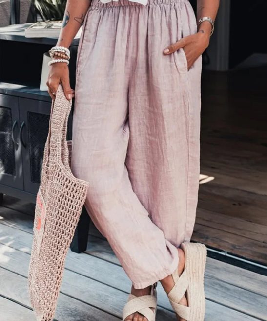 Womens Simple Elastic Waist Linen Pants