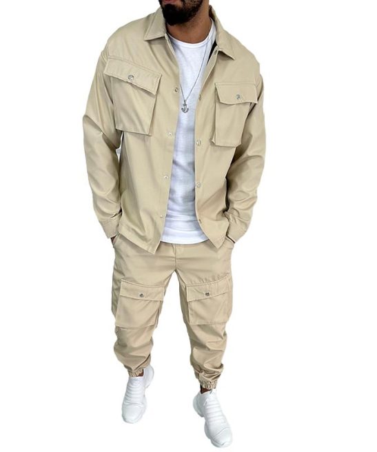 Men's Solid Color Lapel Single Breasted Jacket Trousers Cargo Set