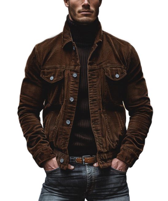 Men's Vintage Corduroy Lapel Single Breasted Multi-Pocket Work Jacket