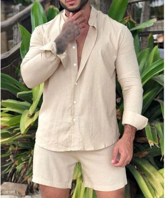 Men's Solid Color Long Sleeve Shirt Shorts Two Piece Set
