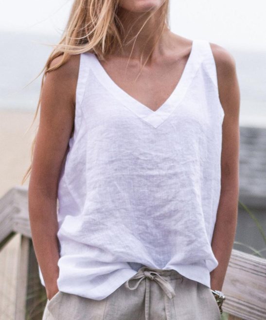 Women's Simple Solid Color Linen V-Neck Tank Top