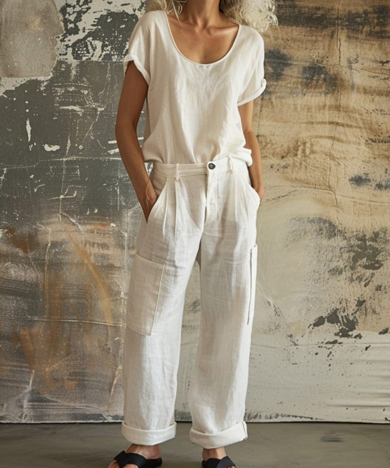 Women's Simple Solid Color Linen Two-Piece Set