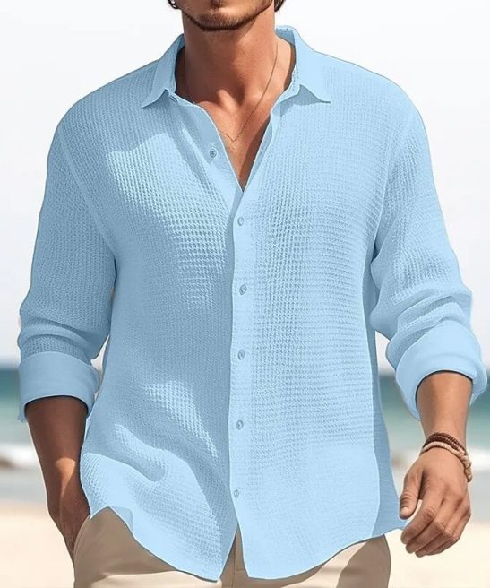 Men's Casual Lapel Long Sleeve Shirt - Solid Color