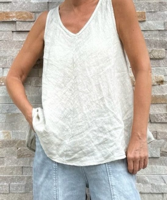 Womens Simple Solid Color V-Neck Linen Top