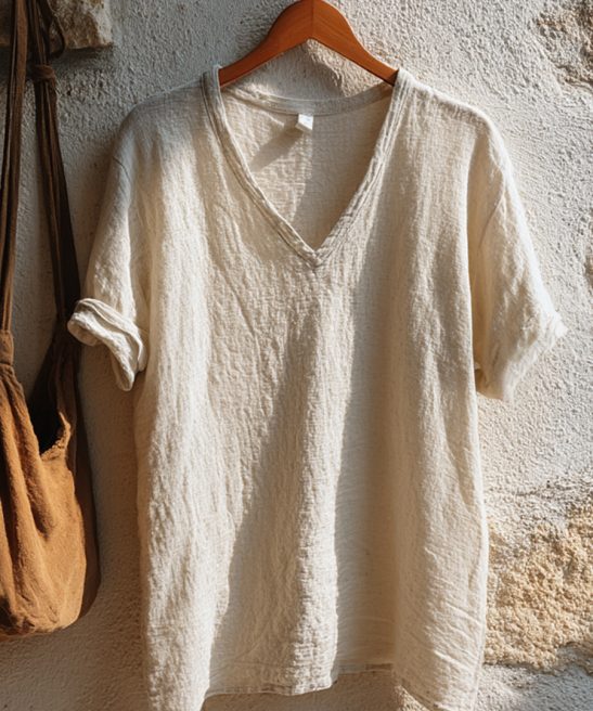 Women's Simple Solid Color Linen V-Neck Shirt